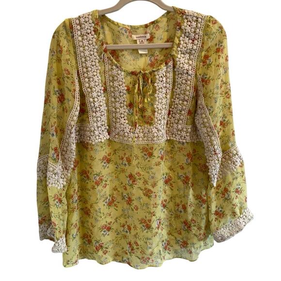 Sundance Sz M Yellow 100% Silk Crochet Detail Boho Tie Neck Blouse  Floral GUC - Picture 1 of 6